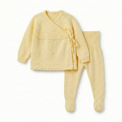 Conjunto bebé Tico de malha com bolinhas: Casaco e Polaina 100% algodão: Amarelo / 3-6 meses